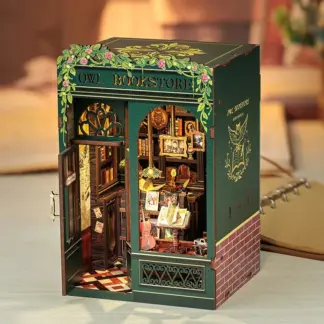 DIY Owl Bookstore Book Nook Kit with Lights – Miniature Wooden Bookshelf Insert