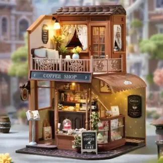 DIY Wooden Duplex Café Miniature House Kit with Music Box