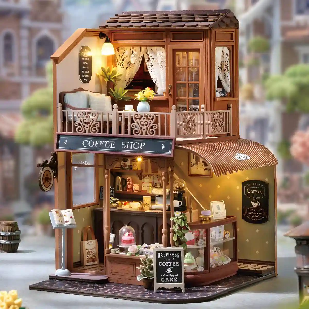 DIY Wooden Duplex Café Miniature House Kit with Music Box
