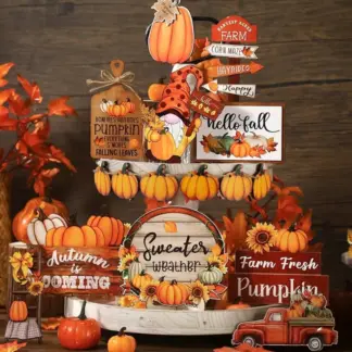 Rustic Wooden Pumpkin Tiered Tray Decor – Autumn Thanksgiving Mini Signs