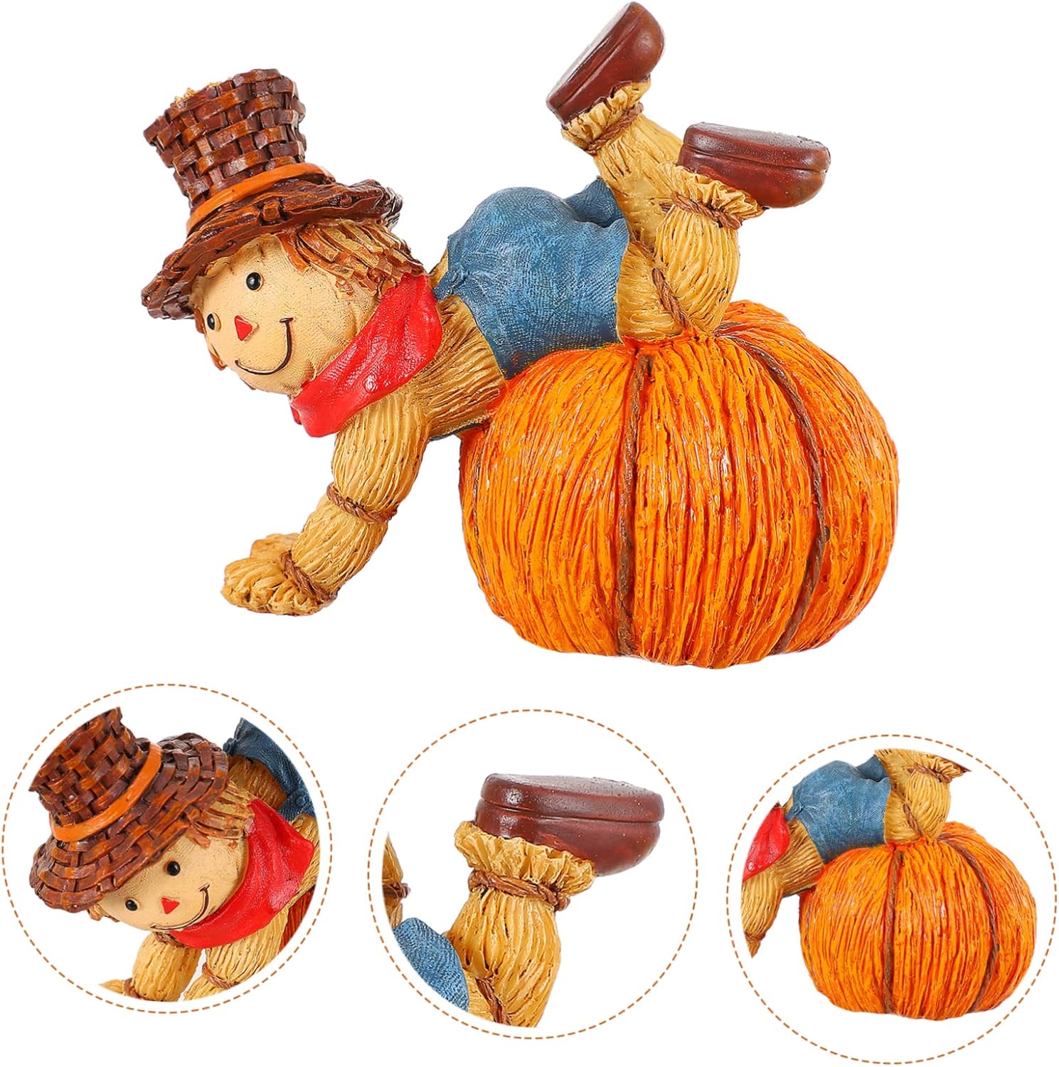 Whimsical Scarecrow on Pumpkin Resin Statue – Cute Décor - Image 4