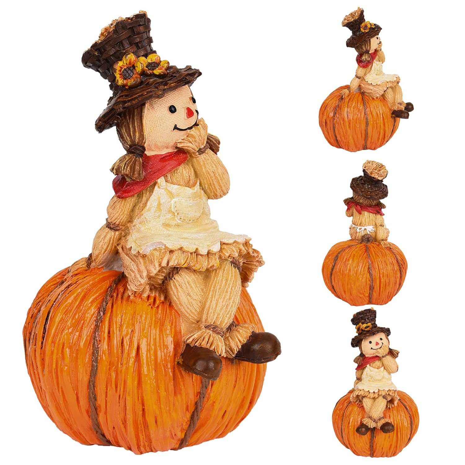 Whimsical Scarecrow on Pumpkin Resin Statue – Cute Décor - Image 3
