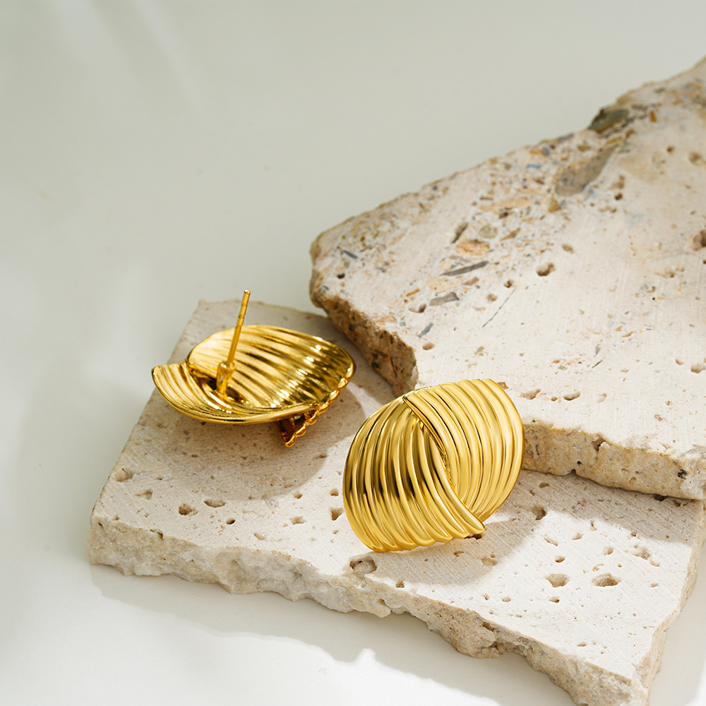 Retro Textured Intersecting Earrings - Gold Stainless Steel Statement Jewelry - Image 2