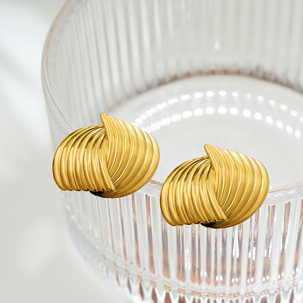 Retro Textured Intersecting Earrings - Gold Stainless Steel Statement Jewelry - Image 3