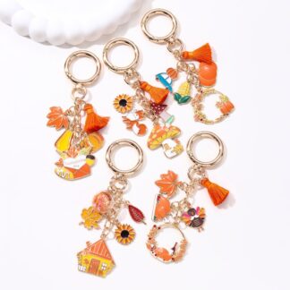 Cute Sunflower Pumpkin Maple Leaves Fox Mushroom Keychain - Thanksgiving Gift