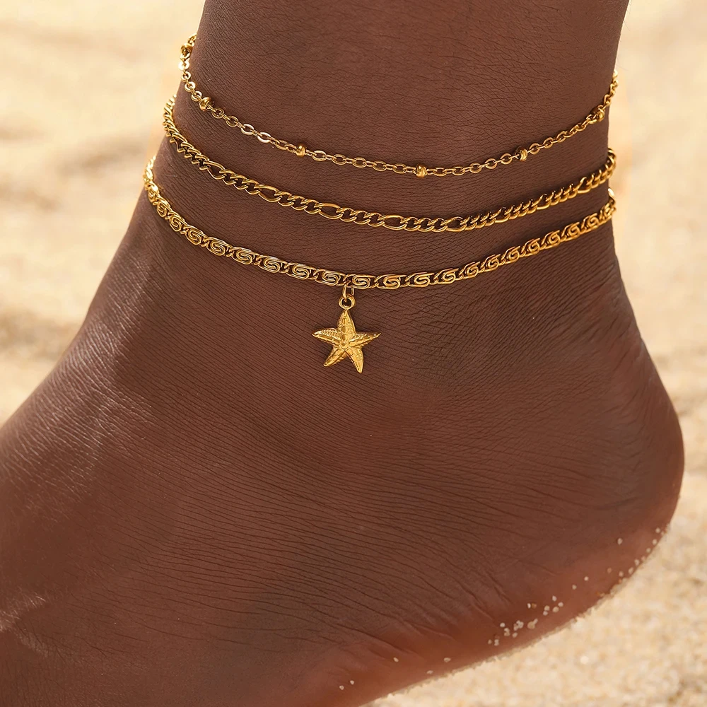 Elegant Starfish Triple Chain Stainless Steel Anklet for Women - Image 2