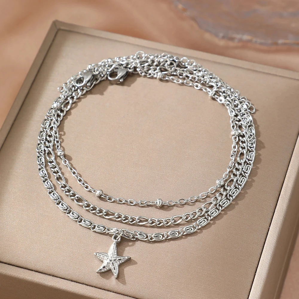 Elegant Starfish Triple Chain Stainless Steel Anklet for Women