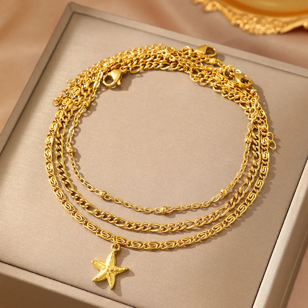 Elegant Starfish Triple Chain Stainless Steel Anklet for Women - Image 3