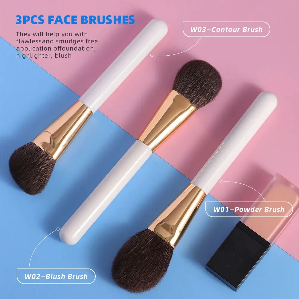 3pcs White Makeup Brush Set for Powder, Blush, Contour & Highlight - Image 2