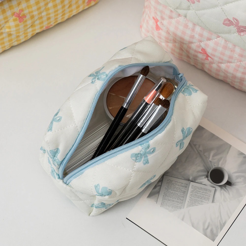 Large Plaid Bow Floral Makeup Bag – Portable Cotton Cosmetic Organizer - Image 7