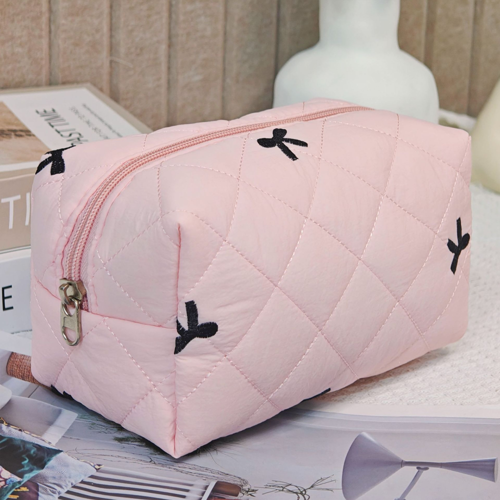 Large Plaid Bow Floral Makeup Bag – Portable Cotton Cosmetic Organizer - Image 5