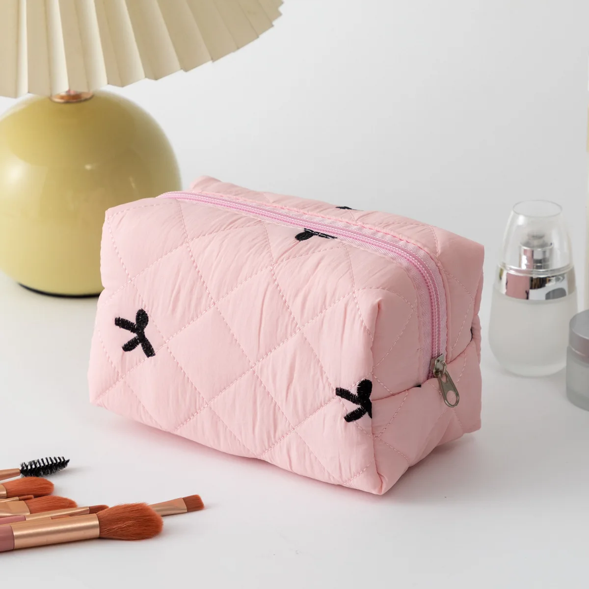 Large Plaid Bow Floral Makeup Bag – Portable Cotton Cosmetic Organizer - Image 6