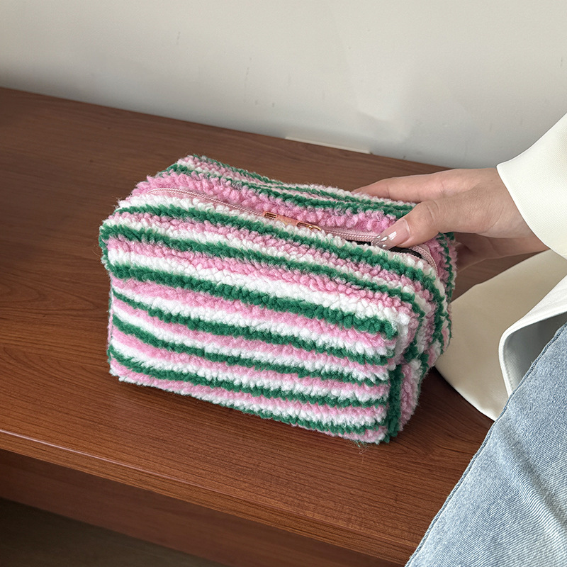 Striped Plush Makeup Bag – Portable Travel Cosmetic & Toiletry Organizer - Image 3