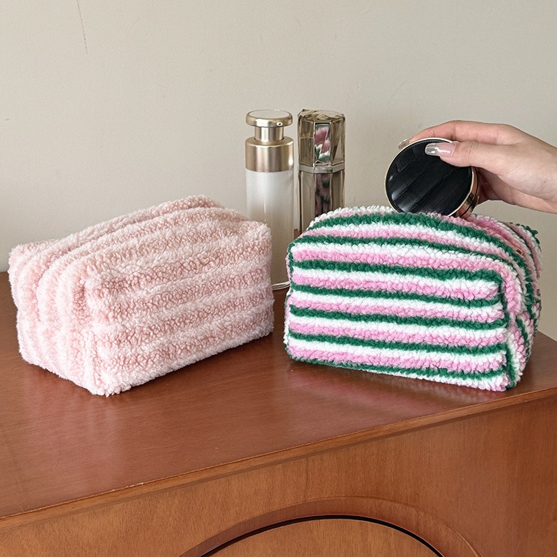 Striped Plush Makeup Bag – Portable Travel Cosmetic & Toiletry Organizer