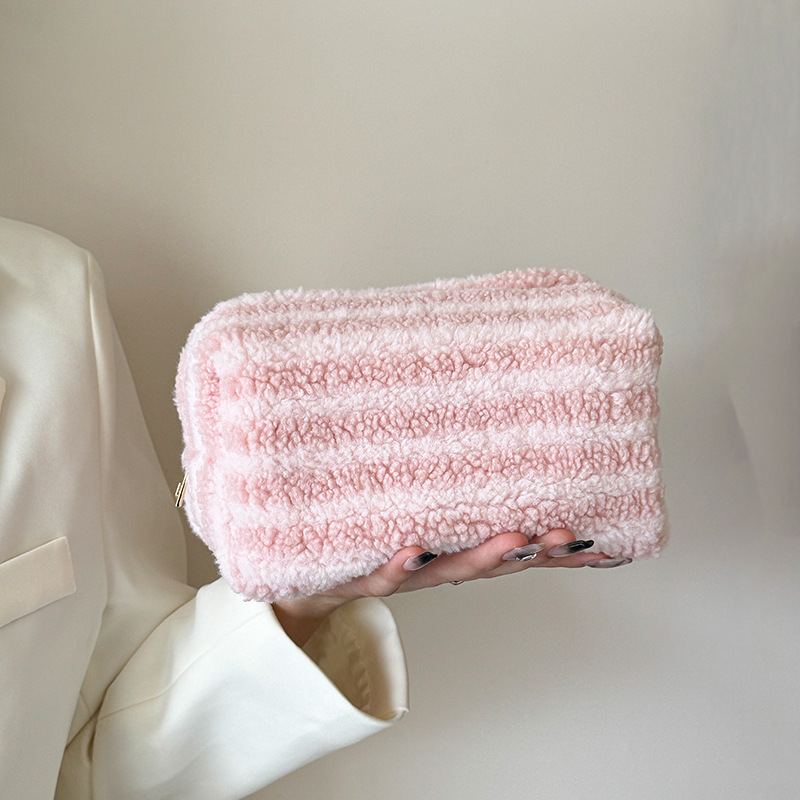 Striped Plush Makeup Bag – Portable Travel Cosmetic & Toiletry Organizer - Image 5