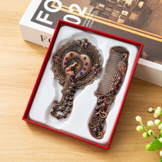 Vintage Peacock Mirror & Comb Gift Set – Elegant Metal Handheld Makeup Mirror with Handle