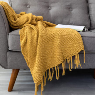 Mustard Yellow Knit Blanket with Tassels – 50x62 Inc Cozy Sofa & Bed Throw