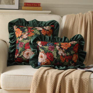 Velvet Ruffle Floral Cushion Cover – Orange & Dark Green Vintage Accent Pillow