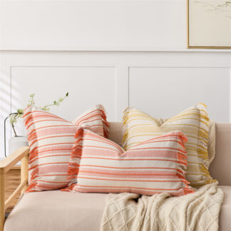 Striped Jacquard Tassel Pillow Cover – Cozy Cotton Blend Cushion for Home Décor